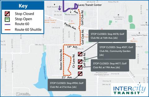 Route 60 will be on detour due to the closure of Golf Club Rd. and 21st Ave. for construction.
