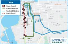Routes 13 and 620 will be on detour due to the closure of Capitol Way for a march.