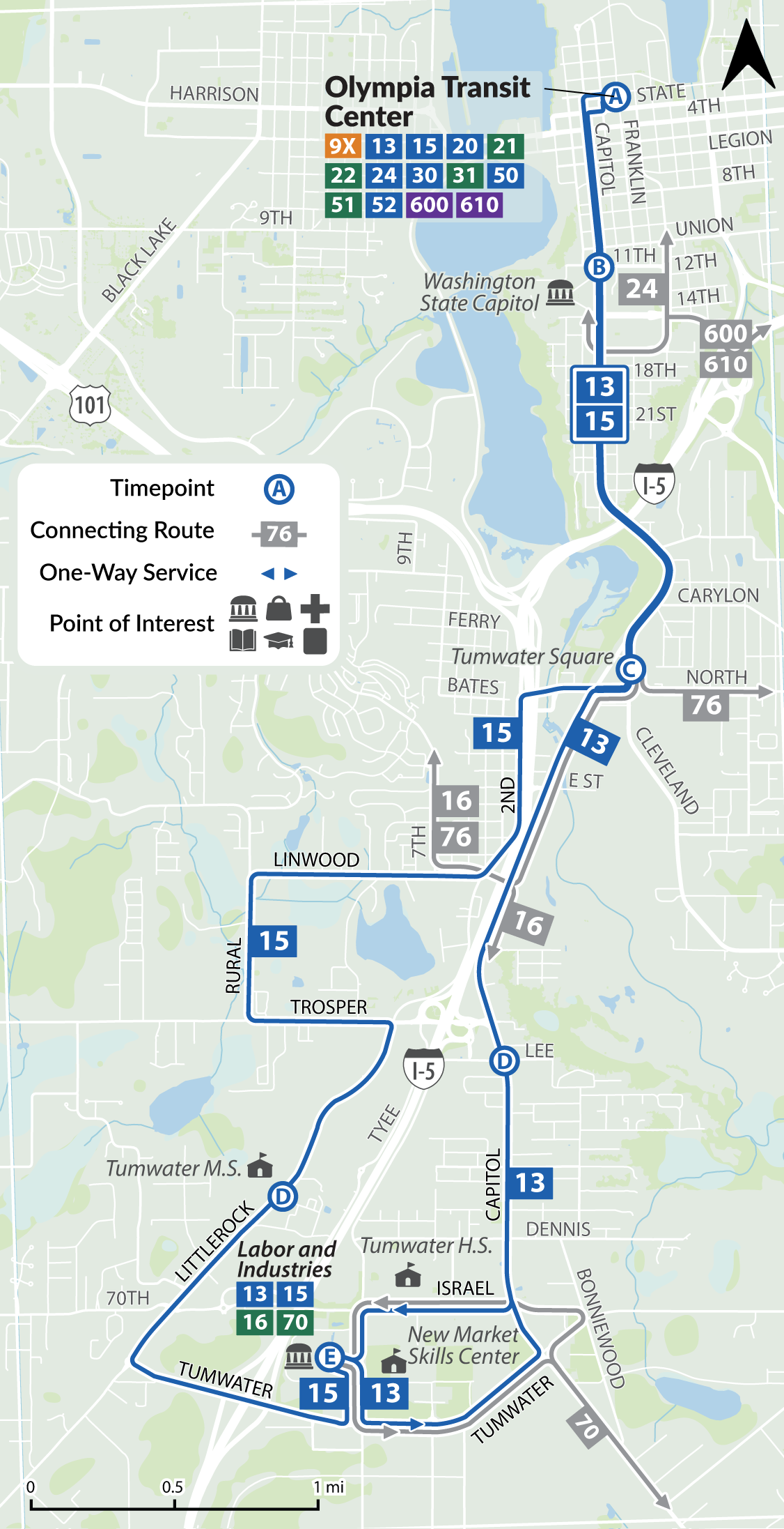 Routes 13 and 15 map