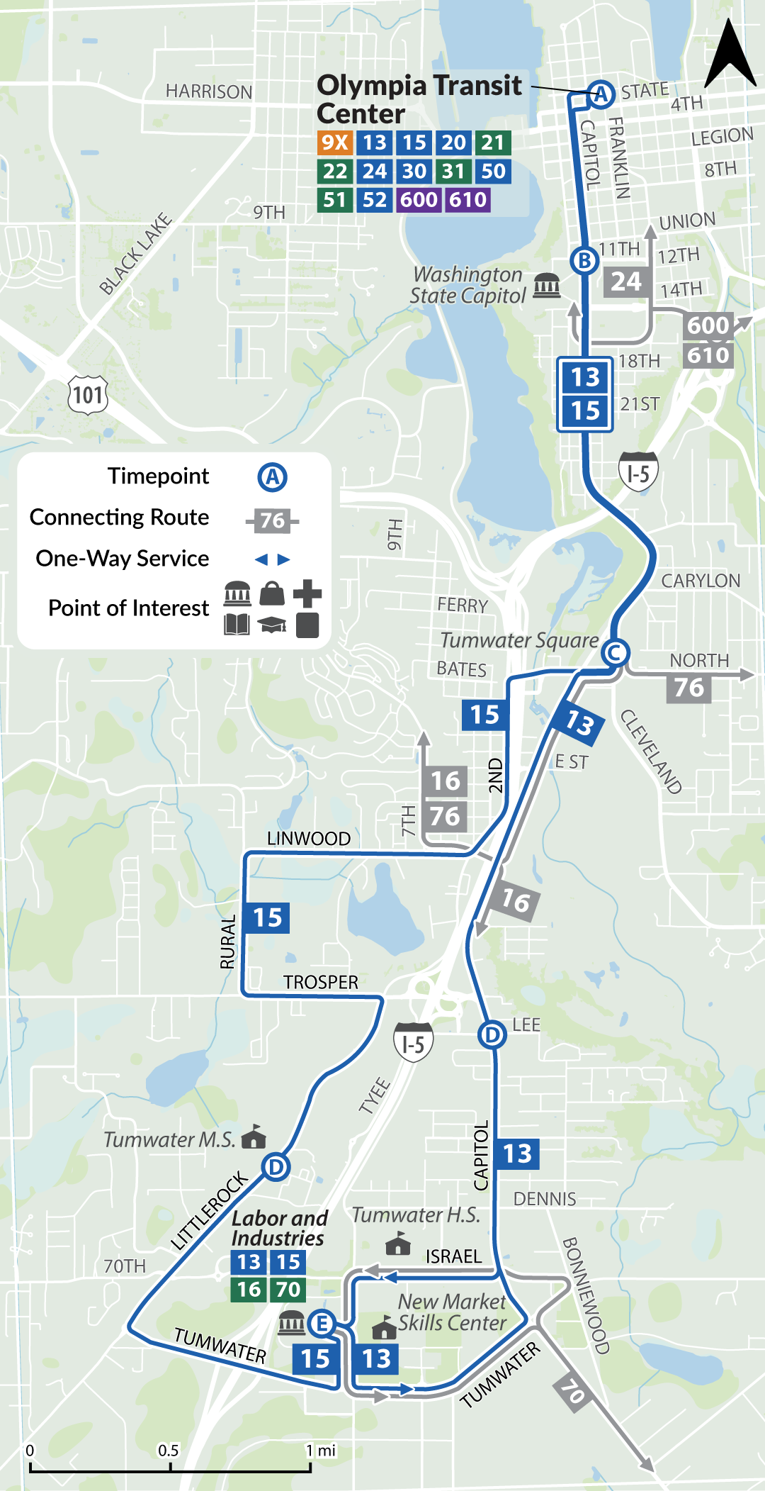 Routes 13 and 15 map