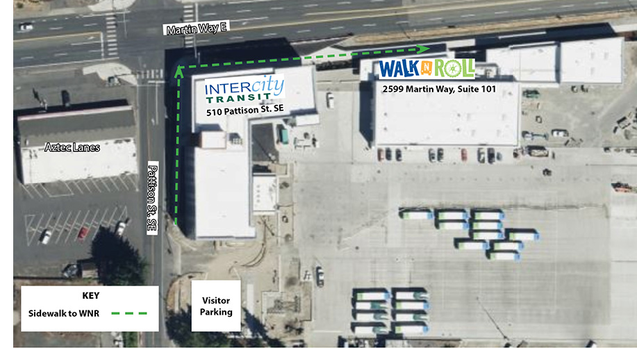 Map of visitor parking area and sidewalk to Walk N Roll building