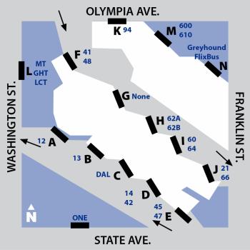 Map of Olympia Transit Center Bus Bays and Assigned Routes