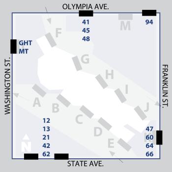 Map of temporary bus bays at Olympia Transit Center as of June 21, 2020