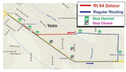 Map of Route 94 on detour in Yelm