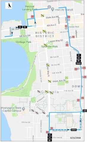 Routes 12, 13, 43, 44, 68, 620, and Dash detour map due to a march on Capitol Way.