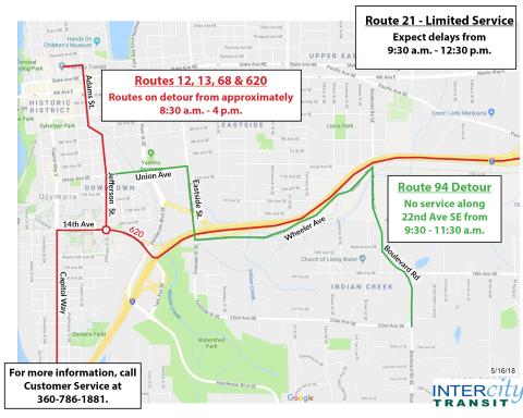 Detour map for the Capital City Marathon on Sunday, May 20.