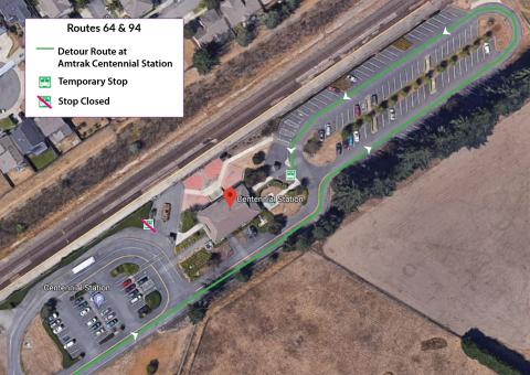 Temporary bus stop location during asphalt repairs at Amtrak Centennial Station.