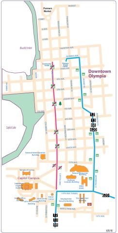 Routes 12, 13, 68, & 620 on detour in downtown Olympia for the Pride Parade.