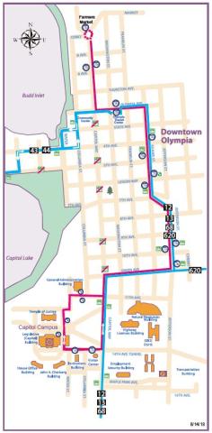 Detour map for Routes 12, 13, 43, 44, 68, 620, & Dash due to Pet Parade.