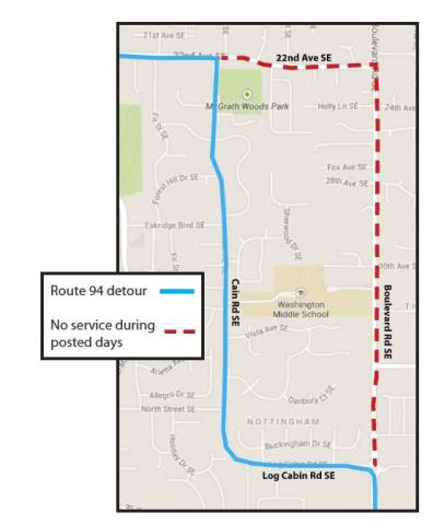 Route 94 detour due to closure of Boulevard Rd. and Morse Merryman roundabout.