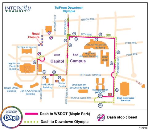 Dash west Capitol Campus detour. Road closure by the Temple of Justice Building.