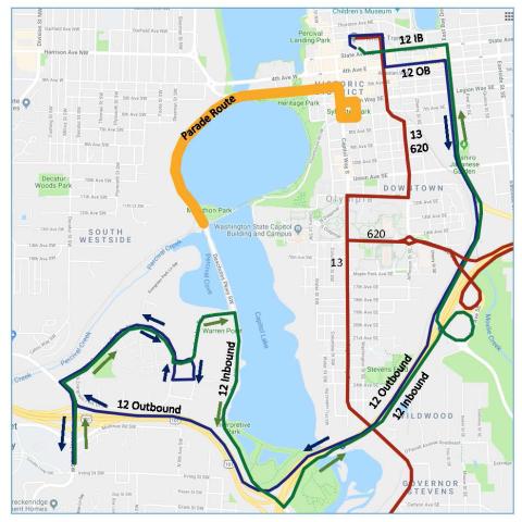 Routes 13 & 620 on detour due to parade activities.