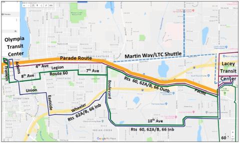 Routes 60, 62A, 62B, & 66 will be on detour Saturday, Dec. 1 due to road closures during the Olympia Toy Run.