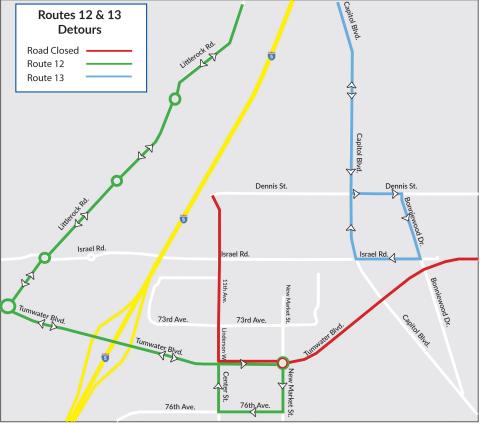 Routes 12 and 13 on detour around Linderson Way from Dennis St. to Tumwater Blvd.