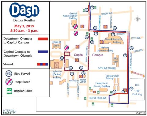 Dash detour on the West Capitol Campus on May 3, 2019 from 8:30 a.m. to 3 p.m.