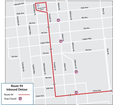 Route 94 inbound only detour due to construction on Adams St.