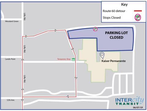 Route 60 will not be serving the stop at the Kaiser Permanente building due to a repaving project. A temporary stop will be located on the other side of the building.