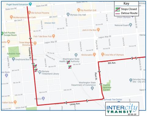 Routes 60 and 64 on detour at Jefferson St. and 8th Ave. Four stops along 8th Ave. are closed during the detour.