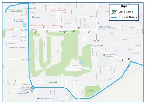 Route 94 on detour due to the closure of the intersection at Yelm Highway and Ruddell Rd.