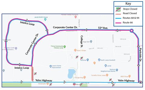 Routes 66, 68 and 94 will be on detour due to paving on Yelm Highway.