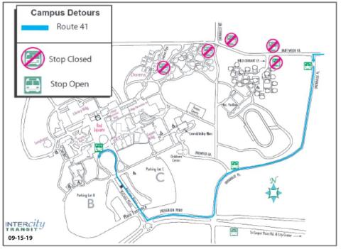 Route 41 on detour due to Evergreen's closure of the Dorm Loop.