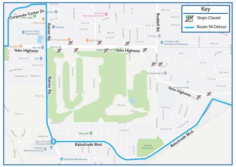 Route 94 on detour due to the closure of the intersection at Yelm Highway and Ruddell Rd.