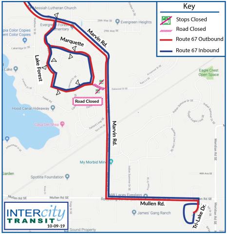 Route 67 on detour due to the closure of the intersection of Lake Forest Dr. and Marvin Rd.