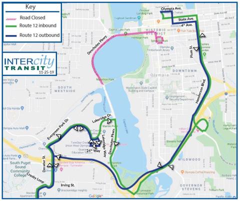 Route 12 is on detour due to the closure of Deschutes Parkway for a holiday parade.