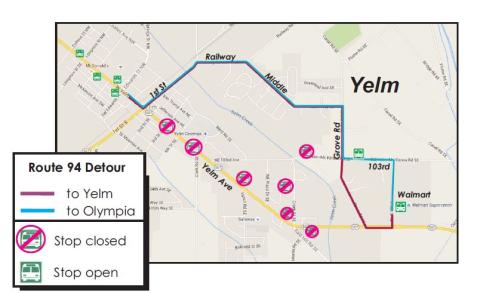 Route 94 detour in Yelm due to the Christmas in the Park Parade.
