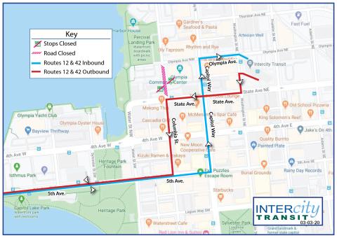 Route 12 and 42 on detour due to closure of Columbia St. between Olympia Ave. and State Ave.