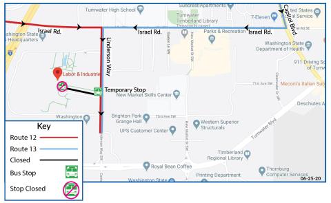 Routes 12 and 13 on detour due to the closure of the front entrance of Labor and Industries for construction. Please use the temporary stop on Linderson Way.