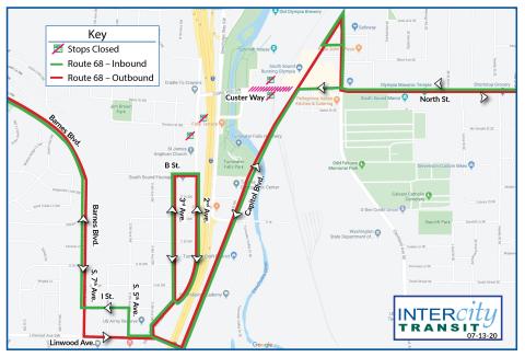 Route 68 on detour in Tumwater due to the closure of Custer Way between Capitol Blvd. and Boston St.