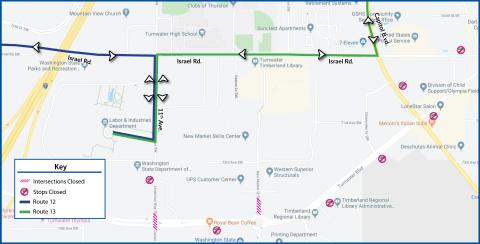 Routes 12 and 13 on detour due to the closure of Tumwater Blvd. for road resurfacing.