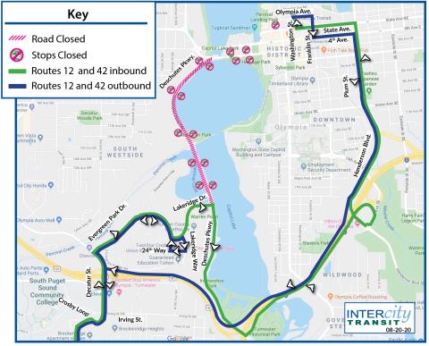 Routes 12 and 42 on detour due to the closure of Deschutes Parkway between 5th Ave. and Lakeridge Dr. for a construction project.