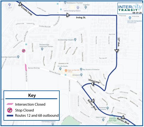 Routes 12 and 68 on an outbound only detour due to the closure of the intersection of Crosby Blvd. and Barnes Blvd.