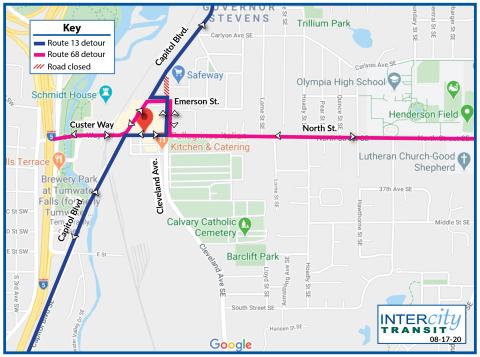 Routes 13 and 68 on detour in Tumwater due to the closure of Cleveland Ave. between Capitol Blvd. and Emerson St.
