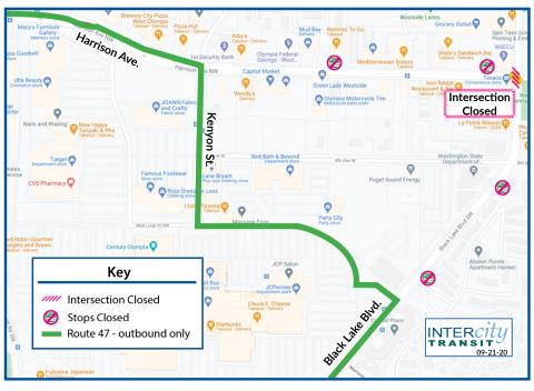 Route 47 on outbound only detour due to the closure of the intersection at Harrison Ave. and Division St.