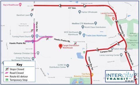 Route 65 will be on detour due to the closure of Marvin Rd. and Hawks Prairie Rd. due to roundabout expansion project.