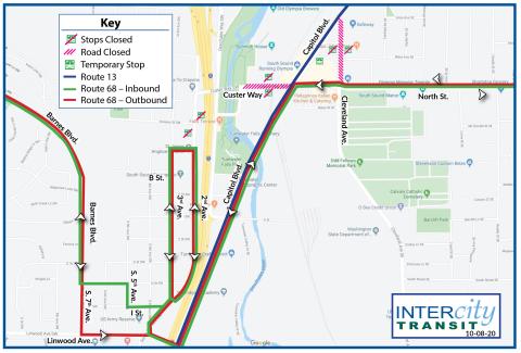 Routes 13 and 68 on detour in Tumwater due to the closure of Custer Way and Cleveland Ave.