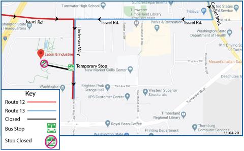 Routes 12 and 13 will be on detour due to the closure of the front entrance at L&I. Please use the temporary stop on Linderson Way.