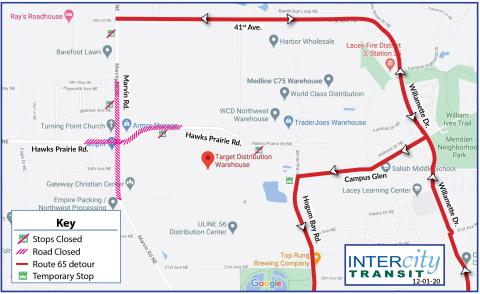 Route 65 will be on detour due to the closure of Marvin Rd. and Hawks Prairie Rd. due to roundabout expansion project.