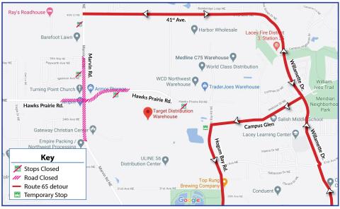 Route 65 will be on detour due to the closure of Marvin Rd., in the area of 41st Ave.