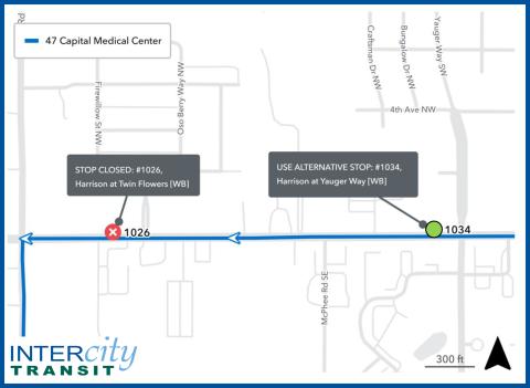 Bus stop #1026 is closed for construction. Please use stop #1034.