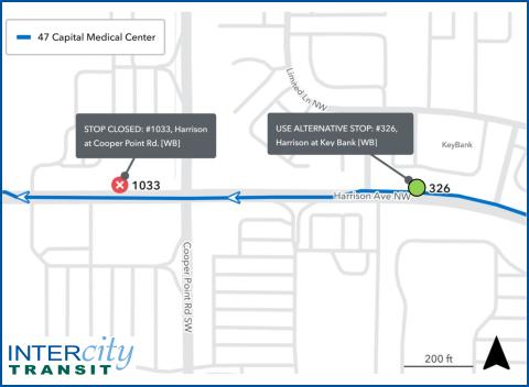 Bus stop #1033 will be temporarily closed. Please use stop #326.