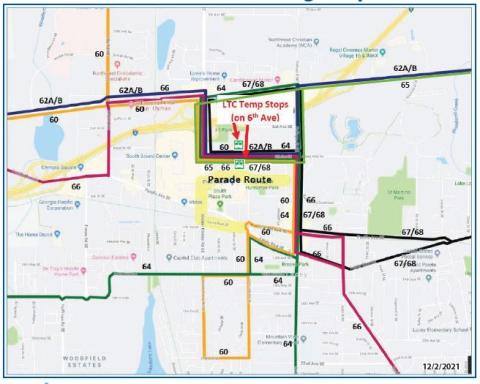 Routes that access the Lacey Transit Center will be on detour Dec. 6 due to road closures.