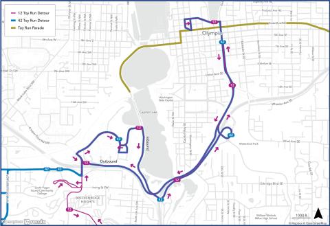 Routes 12 and 42 on detour due to the Toy Run.