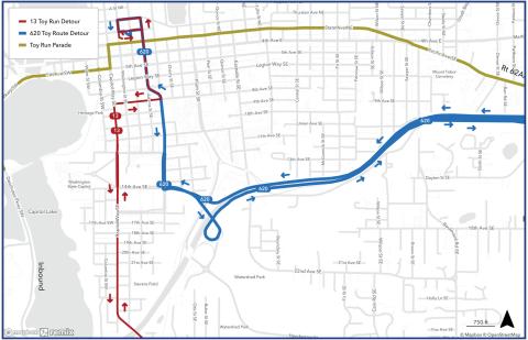 Routes 13 and 620 on detour due to the Toy Run.