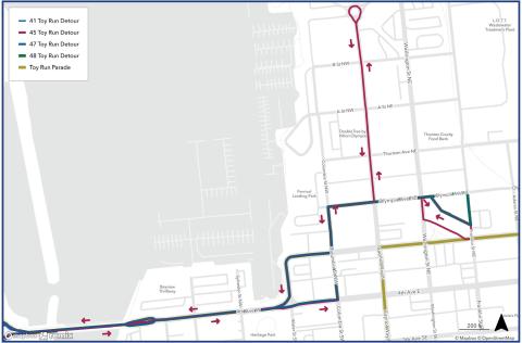 Routes 41, 45, 47, and 48 on detour due to the Toy Run.