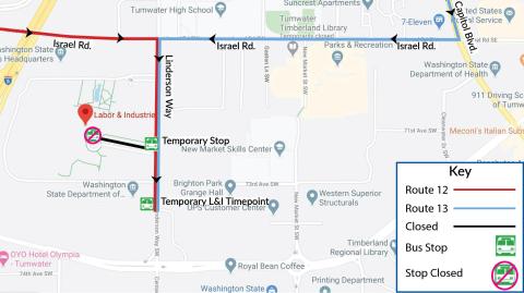 Routes 12 and 13 will be detour due to the closure of the front entrance of Labor and Industries for an event.