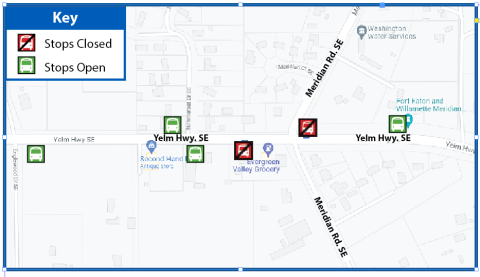 Map showing location of closed and temporary stops